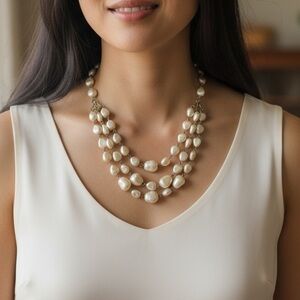 VTG Three Strand Faux Pearl Necklace Layered Cream Beads Baroque Style Choker